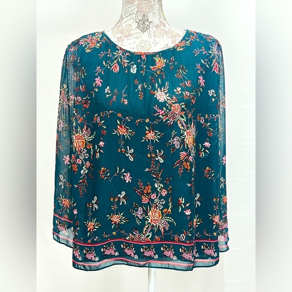 MAX STUIO Hunter green floral sheer‎ sleeve blouse size M.